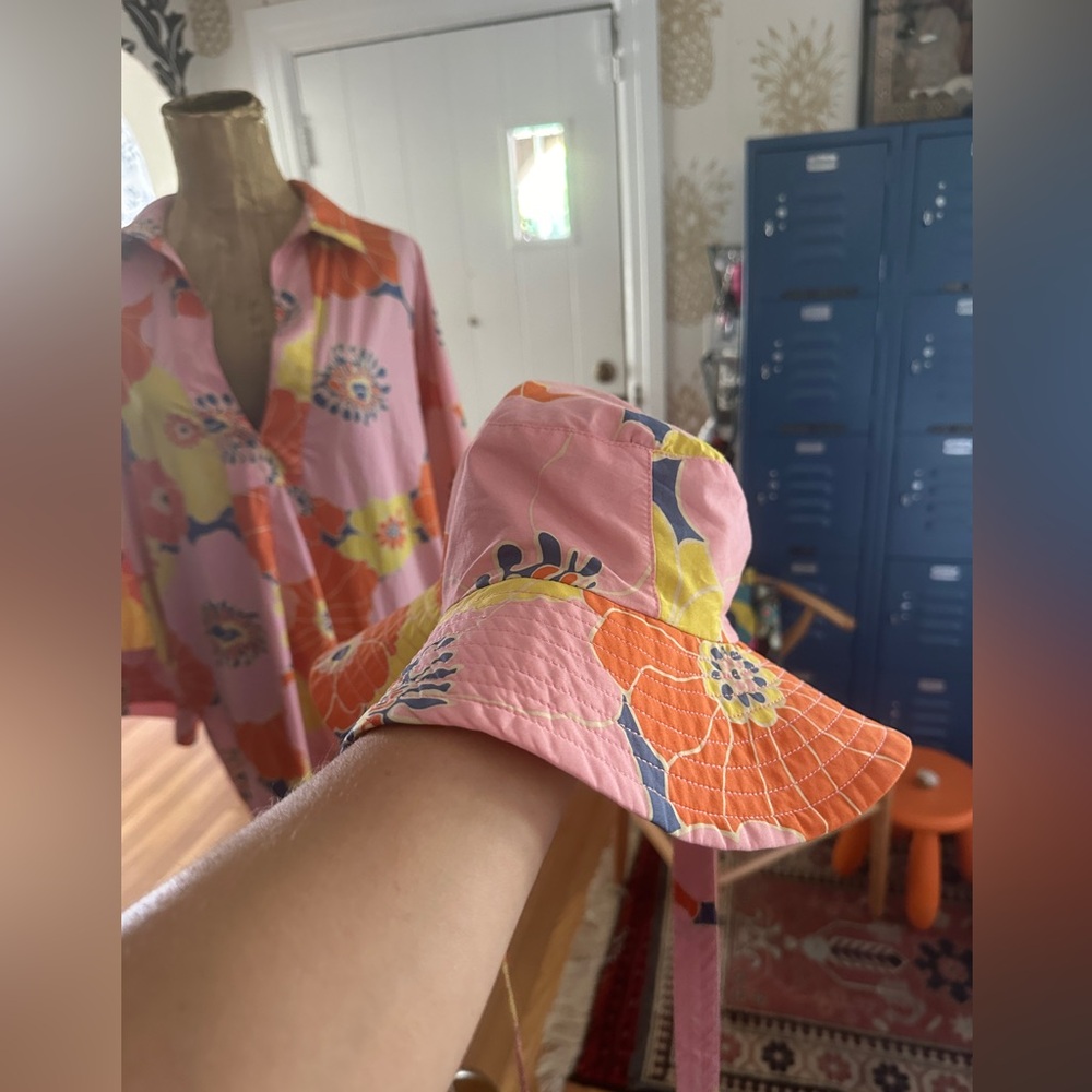 Zara Retro Pink Orange Yellow Floral Printed Oversized Tunic Size Small with hat - Picture 7 of 10